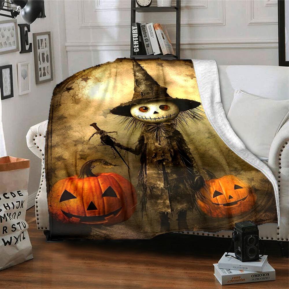 Vintage Skeleton Scarecrow Witch Hat Pumpkin Halloween Print Flannel Throw Blanket Soft Warm Blanket for Sofa Bed Home Decor
