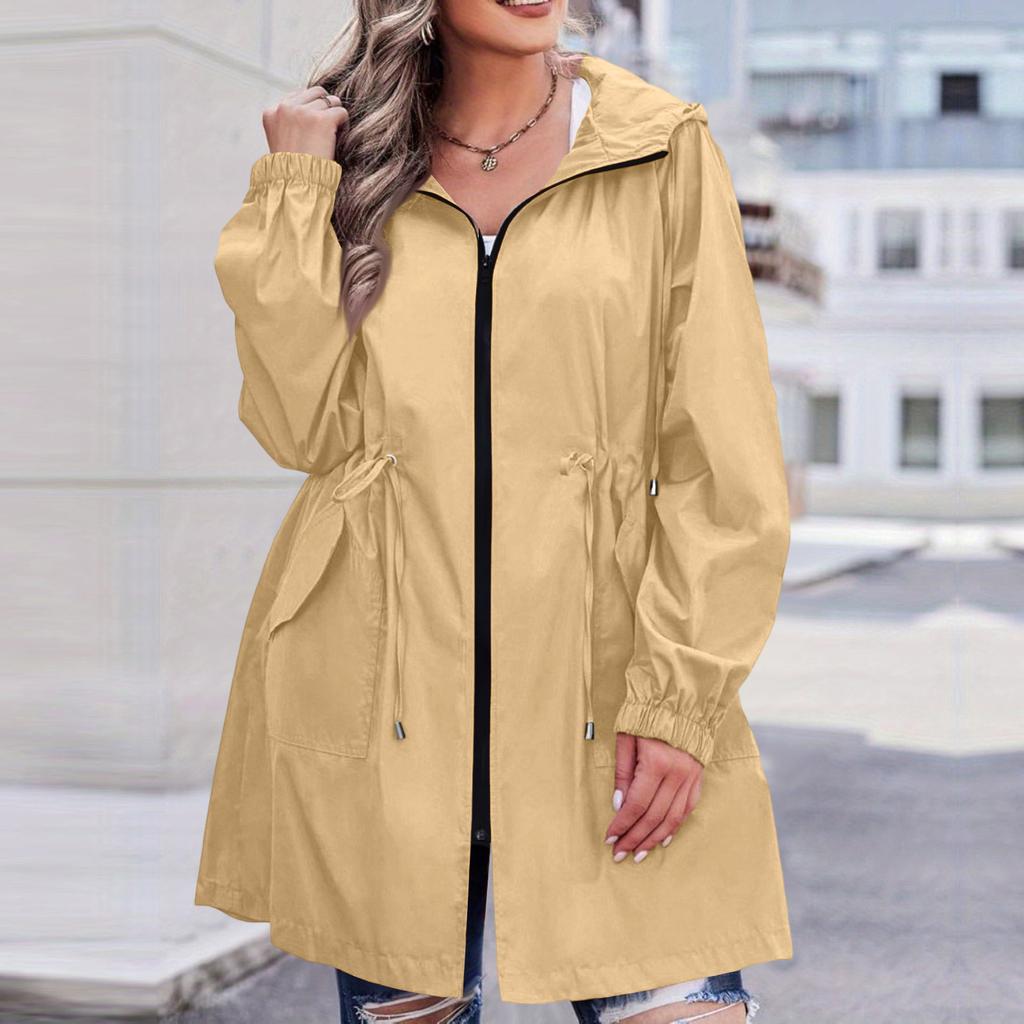 Women's Solid Hooded Windbreaker Jacket Outdoor Waterproof Windproof Lightweight Raincoat Plus Size Casual Long Sleeve Coat