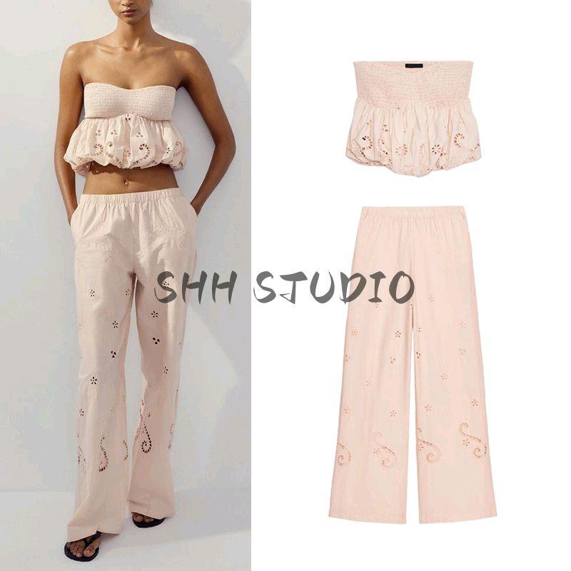 Summer New Balloon Version Tops 7200007 Embroider Cotton Mid Waist Casual Pants 7200406
