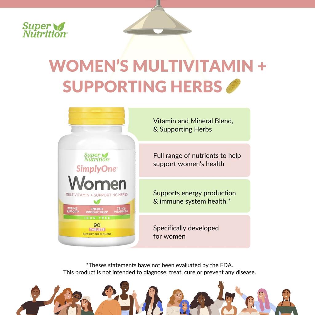 Super Nutrition, SimplyOne, женские мультивитамины + полезные для здоровья травы, без железа, 90 таблеток