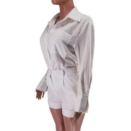 2 Pcs/Set Women Shirt Shorts Set Solid Color Long Sleeves Turn-down Collar Chest Pocket Blouse High Waist Loose Above Knee Length Pants Set