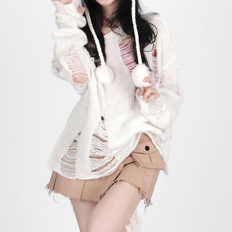 Готический уличный серый свитер большого размера для женщин в стиле Харадзюку, винтажный вязаный джемпер с вырезом и длинными рукавами, одежда 2000 года