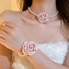 Romantic Pink Rose Flower Necklace Bracelet Jewelry Set Elegant Imitation Pearl Chain Choker Necklaces Bangles For Party Wedding
