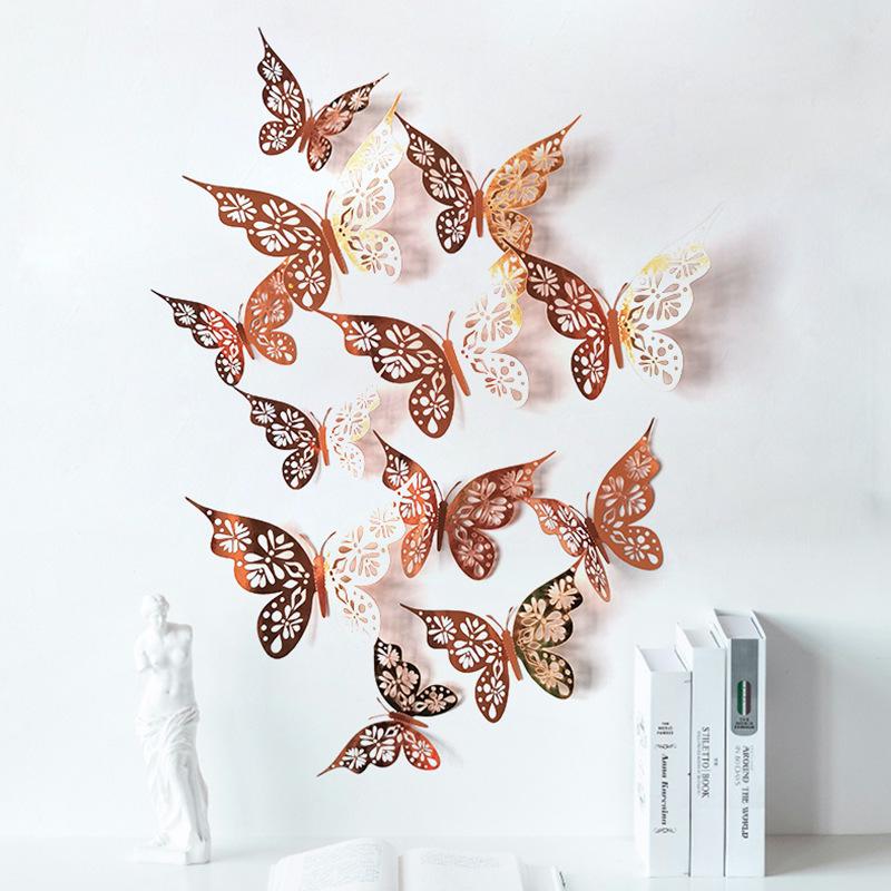 12 Pieces 3D Hollow Butterfly Wall Sticker Bedroom Living Room Home Decoration Paper Butterfly