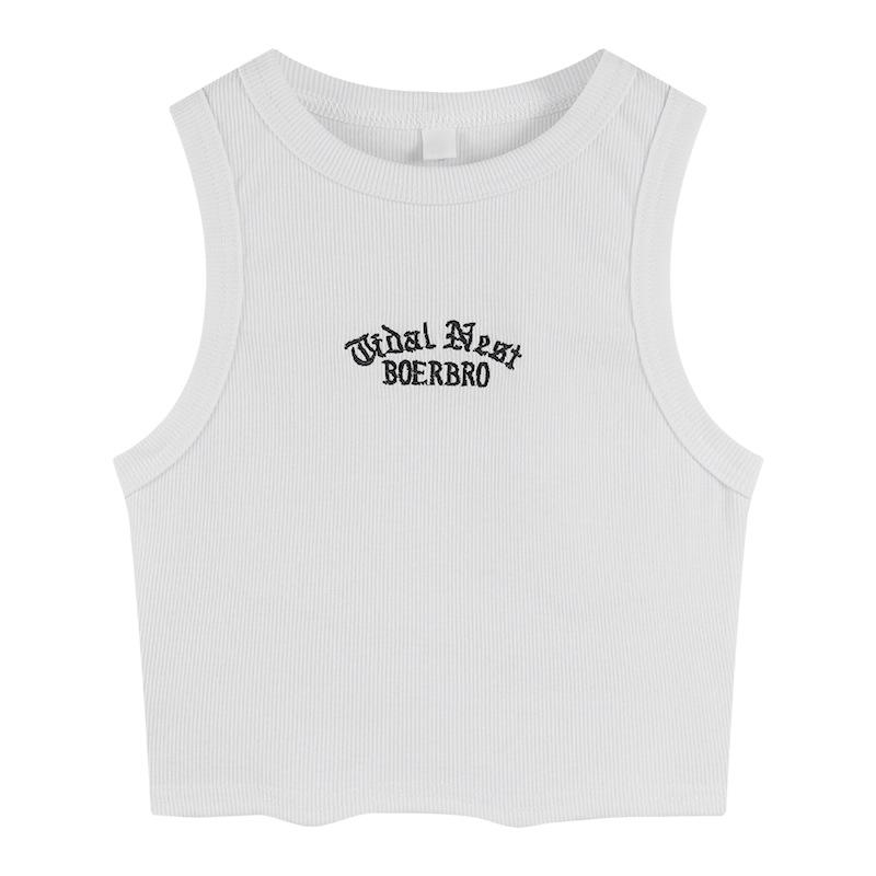Women's Tank Top Ribbed Knitted Embroidery Letter Vest Female Summer Clothing Crop Top White Black Casual Short Tight Sport Tops