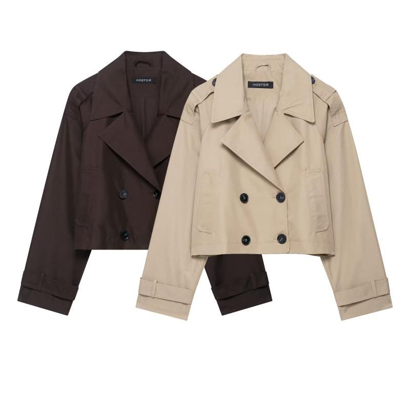 Womens Casual Double-Breasted Short Trench Coat Solid Color Loose Fit 2025