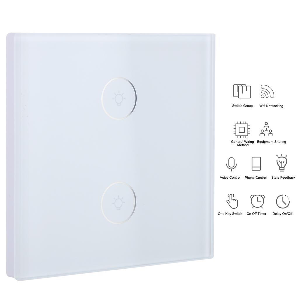 10A 2 Gang Smart Switch WiFi Touch Panel APP Voice Control with Timing Function for Tuya