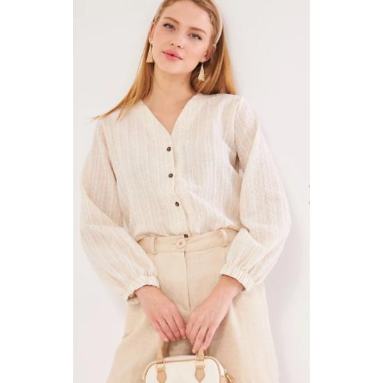 Women's Cream Elastic Sleeve Crepe Shirt