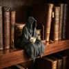 Heavy Duty Resin Craft Hooded Ghost Figurine, Mysterious Faceless Statue with Coffee Cup, Gothic Decor Black Robe for Shelf Desk Garden Window,