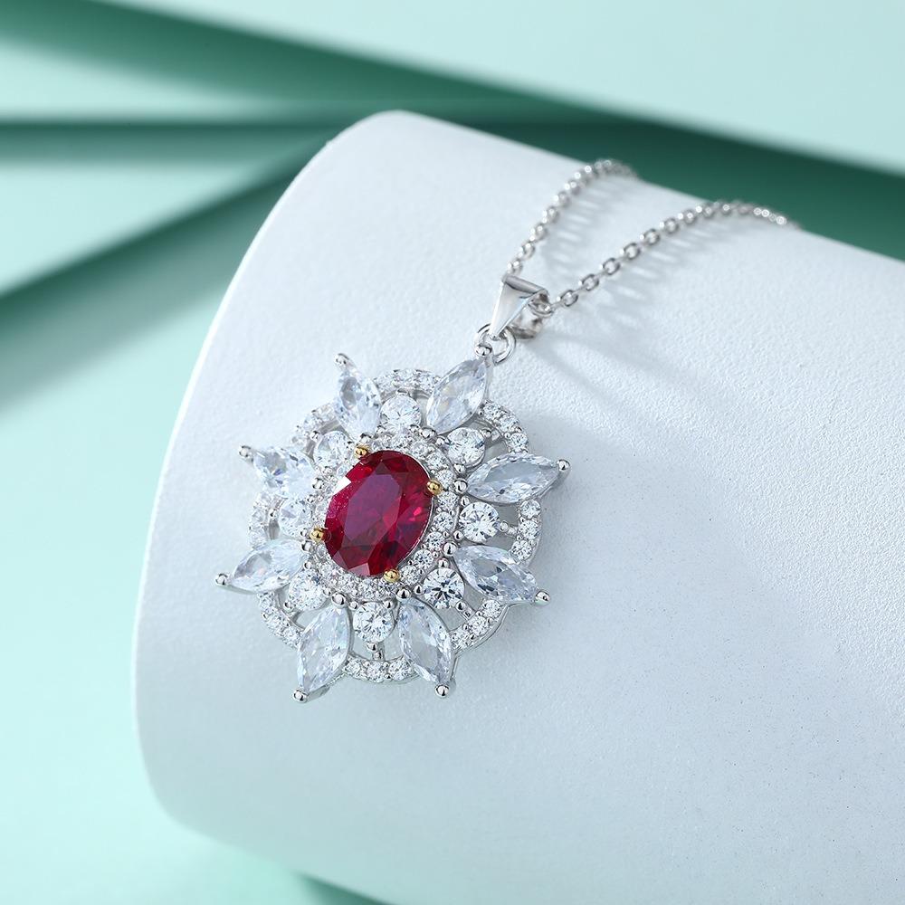 S925 Silver Ruby Natural Stone Zircon Pendant Sunflower Octagram Necklace Women's Premium Sterling Silver Clavicle Chain