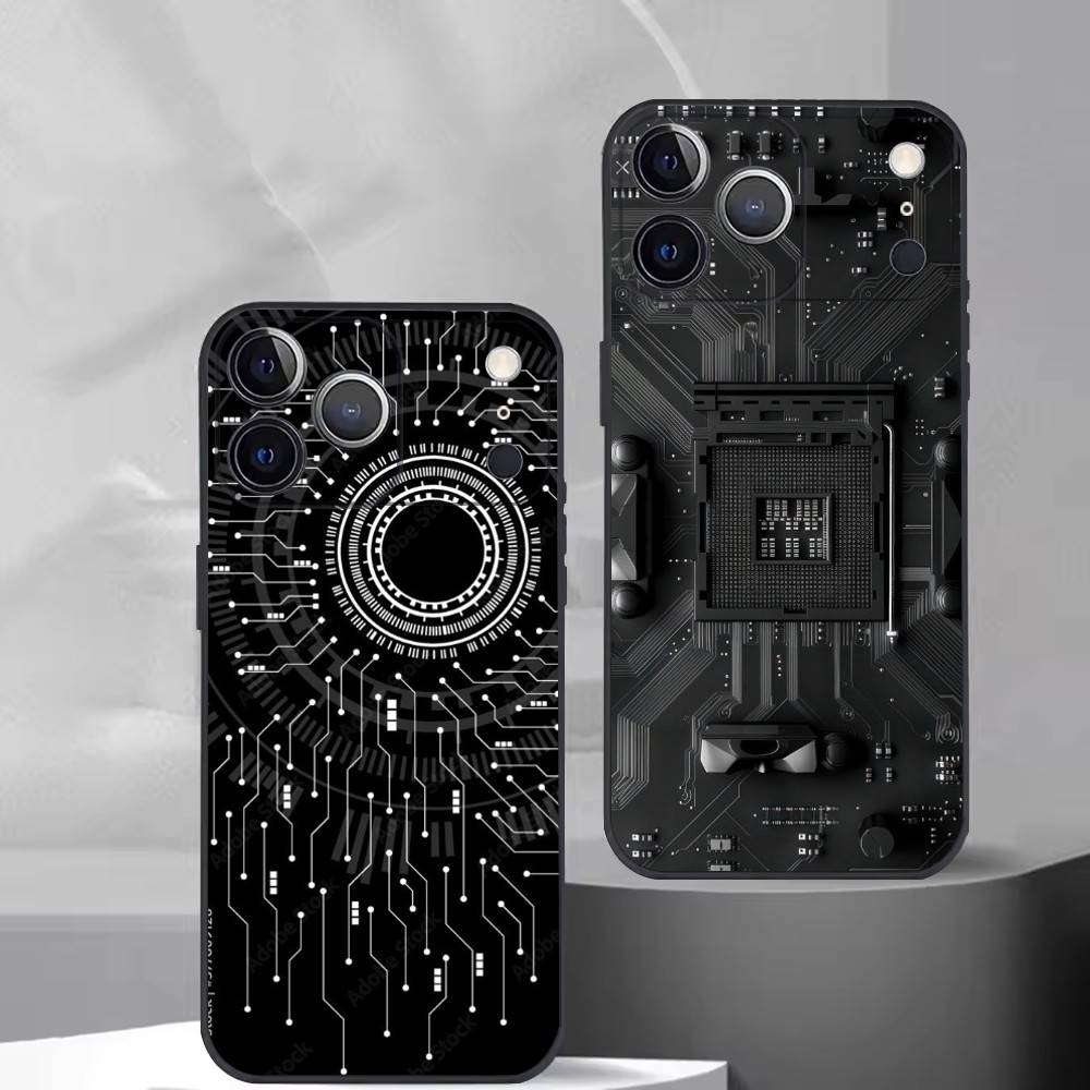 Чехол-бампер с рисунком печатной платы для iPhone 17,16,15,14,13,12,11 Plus,Pro Max,XS, Мягкий силиконовый черный