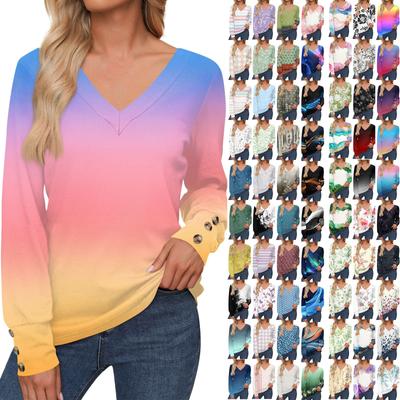 Женские топы с цветочным принтом, рубашка с длинным рукавом и V-образным вырезом, повседневная свободная футболка, осенняя одежда