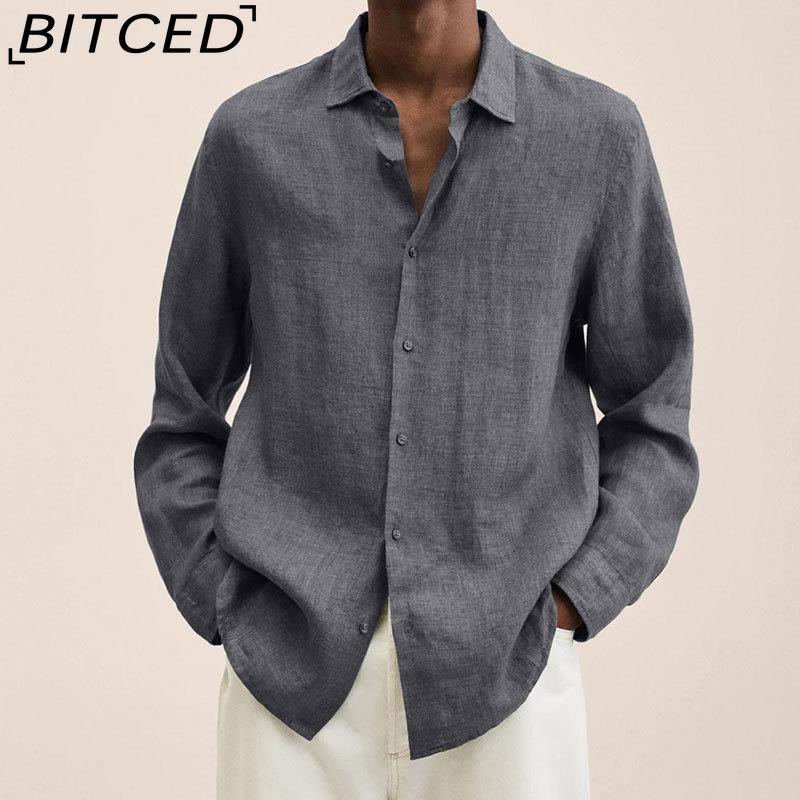 BITCED Кардиган-рубашка на пуговицах с длинным рукавом, свободного кроя, из смесовой хлопково-льняной ткани, для мужчин, на все сезоны