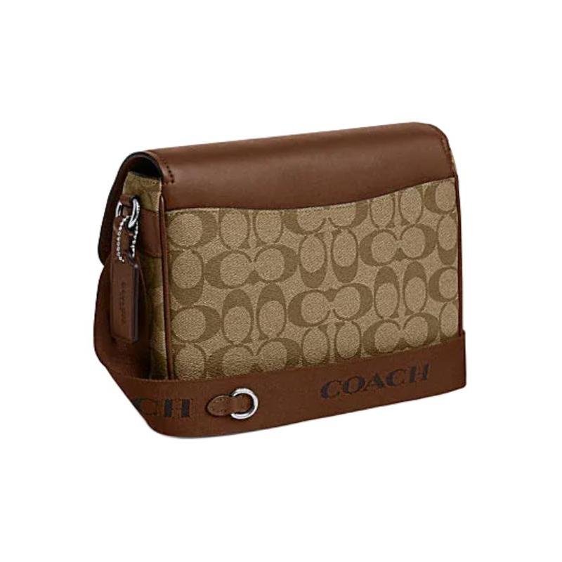 COACH PACE 24 Classic Logo Buckle Closure Faux Leather and Cow Leather Messenger Bag Shoulder Crossbody Bag Medium Women's Khaki and Saddle Brown