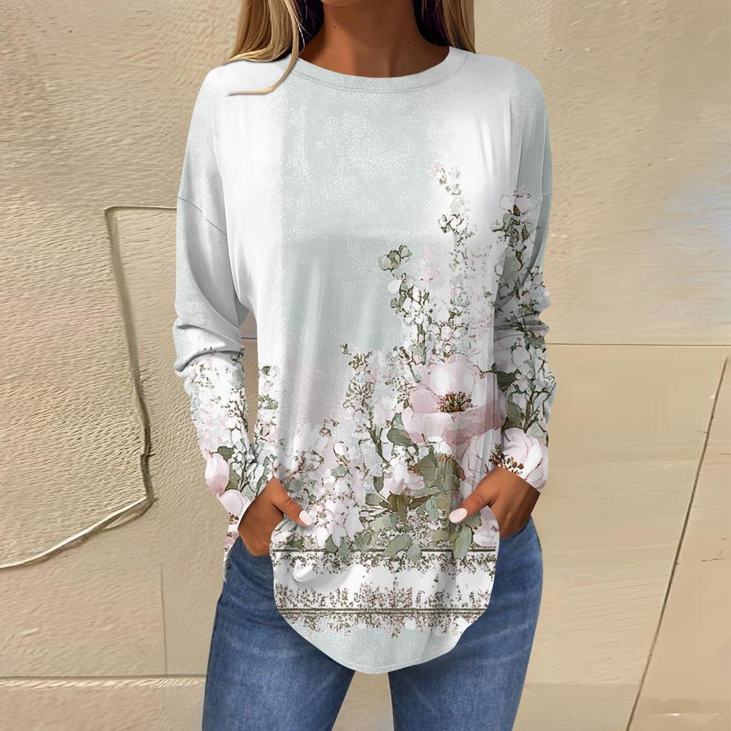 Women's Loose Round Neck Print Long Sleeve T-Shirt Top Pullover