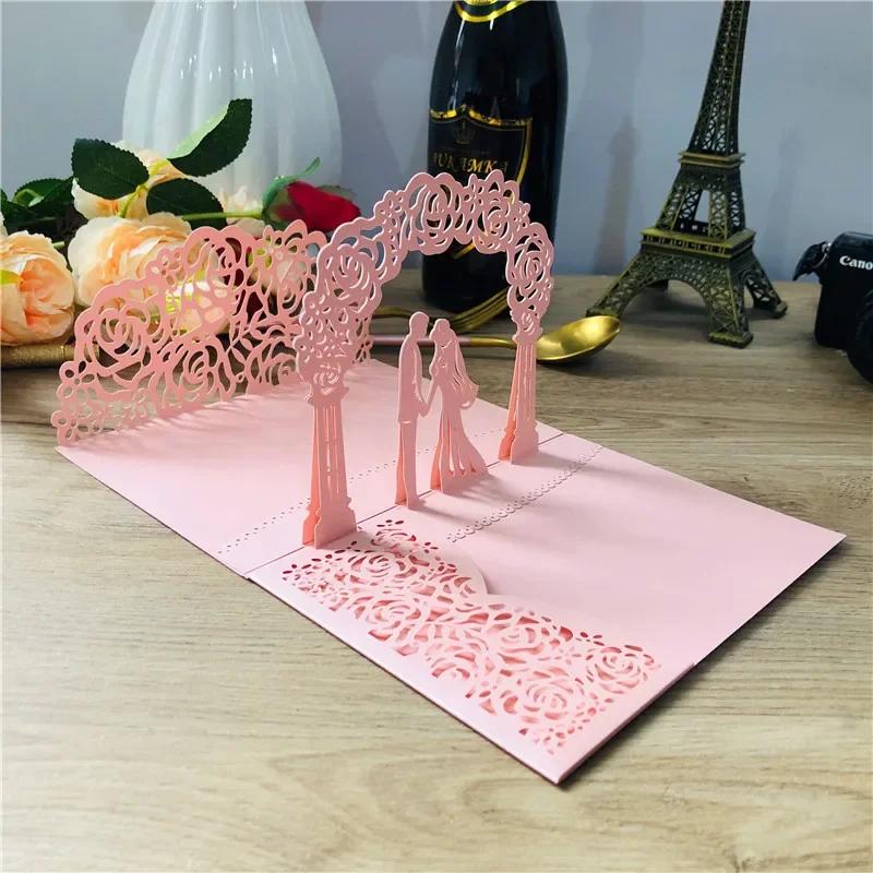 1 шт. 3D Жених и Невеста Розовое Золото Pop-Up Свадебные Приглашения Лазерная Вырезка Открытки Конверт Приглашения на Девичник
