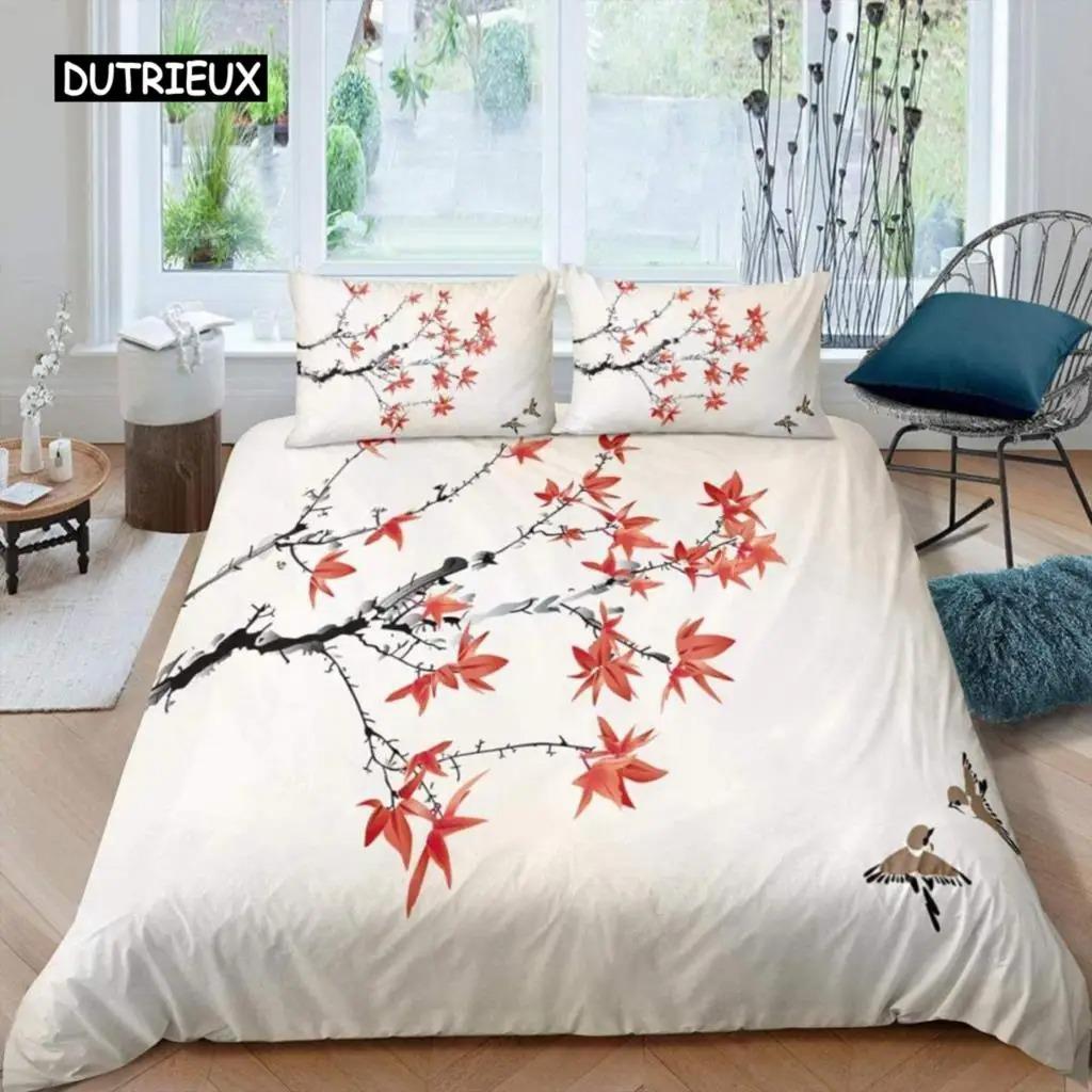 Maple Leaves Duvet Cover Set Colorful Autumn Season Maple Leaves In Unusual Designs Nature Print King Size 23pcs Bedding Set