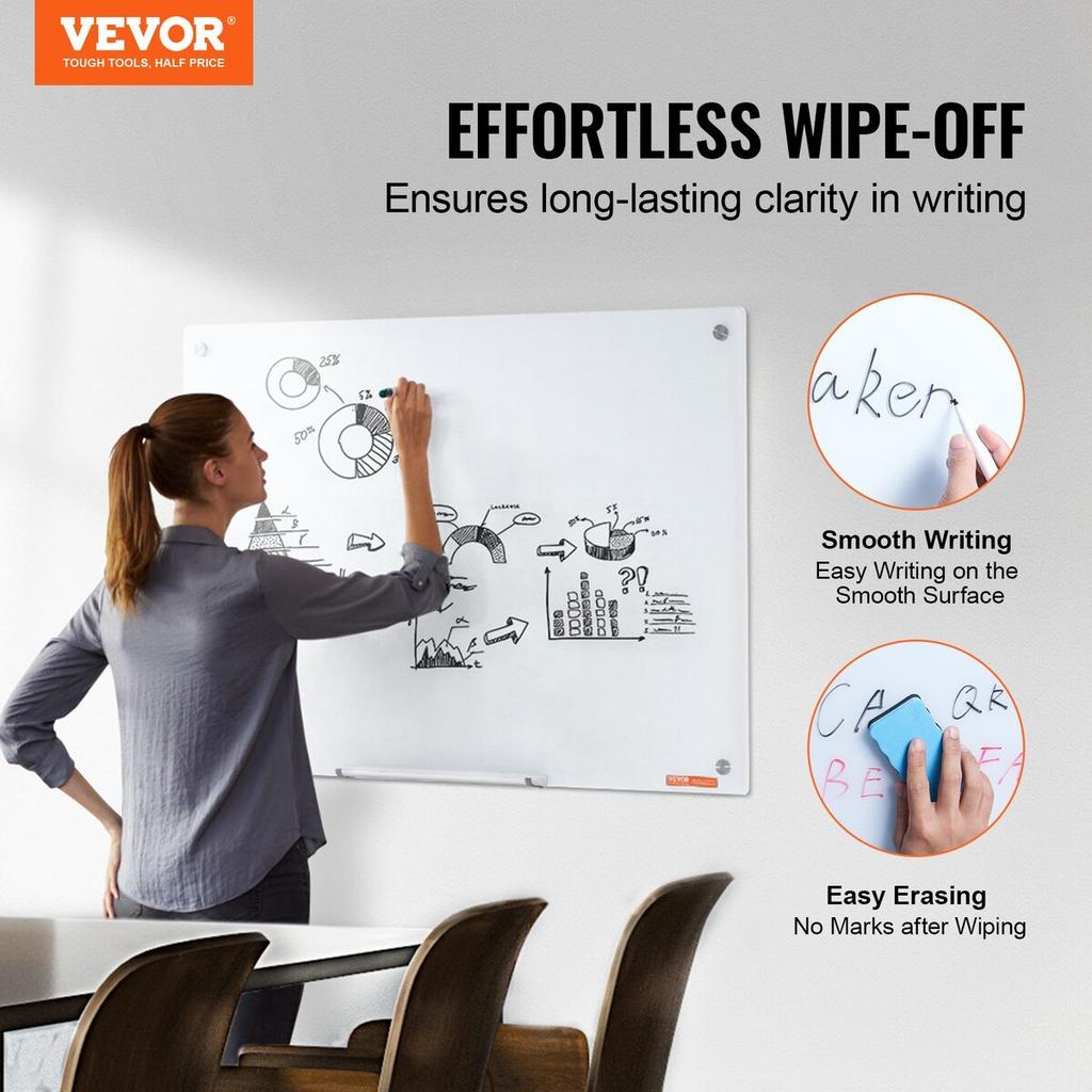 Magnetic Glass Whiteboard, Dry Erase Board 900 x 600 mm, Wall-Mounted Large White Glassboard Frameless, with Marker Tray, an Eraser and 2 Markers,