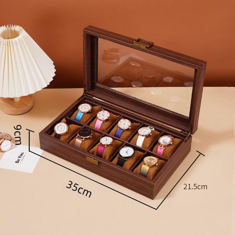 Exquisite Vintage Wood Grain Leather Watch Box with Dustproof Glass Lid for Wristwatch Display and Storage.