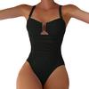Women Monokini V-Neck Sleeveless Ruched High Waist One-piece Bikini Solid Color Quick Drying Bathing Suit