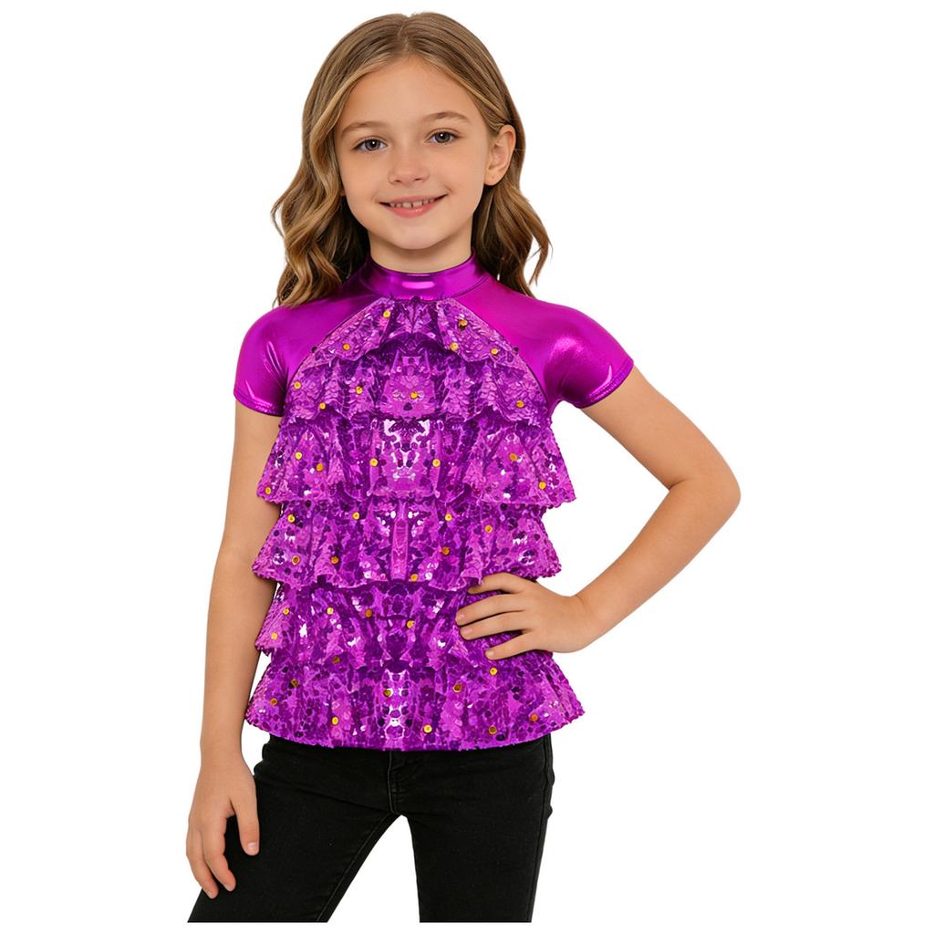 Children’s Sequined Dance Top Mock Neck Short Sleeve Metallic Shiny Mesh Tiered Front Back Cut Out for Competition Stage Wear