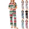 Women's Christmas Print Pajama Set Women's Short Sleeve Long Pants Two-piece Set Button-up Home Clothes