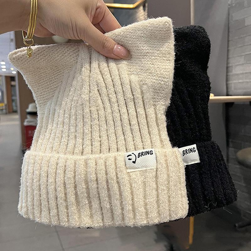 Милые шапки с кошачьими ушками для женщин, осенне-зимние, теплые, с защитой ушей, милые, универсальные, вязаные шапки-пуловеры