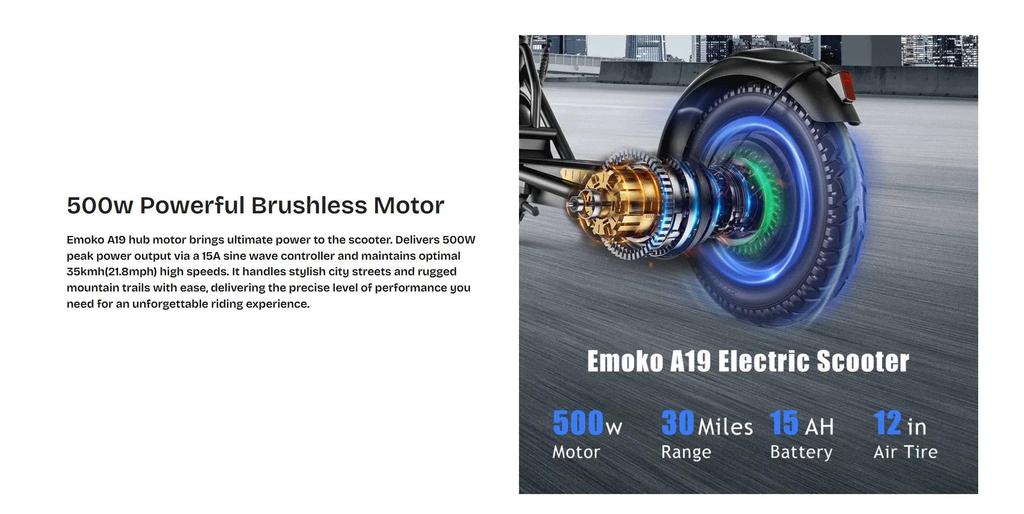 EMOKO A19 500W 12" Electric Scooter 35km/h 36V 15Ah Battery Smart APP Control Escooter for Adults New Model Escooter Range 50km