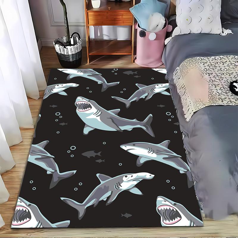 Shark Pattern Rug with Ocean Theme on Black Background Carpet Suitable for use as an anti-slip for living room bedroom sofas