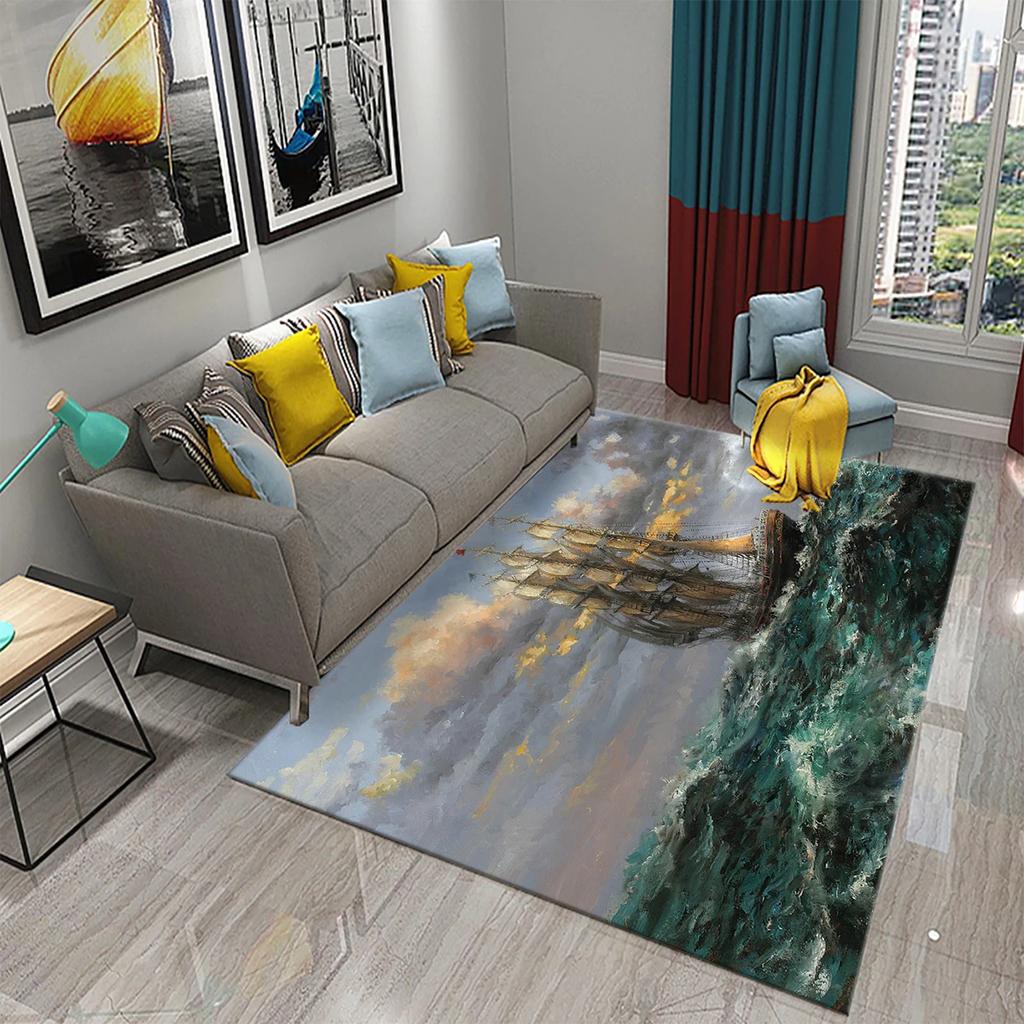 3D Oil Painting Sailboat Carpet Abstract Art Rugs for Living Room Bedroom Decor Mats Bathroom Kitchen Entrance Non-Slip Carpet