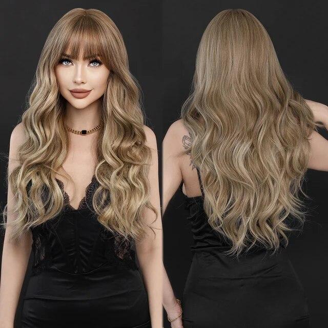Длинный вьющийся коричневый парик Ombre Blonde для женщин, повседневные вечерние синтетические волосы высокой плотности с свободным телом, волнистые медные парики из волос с челкой