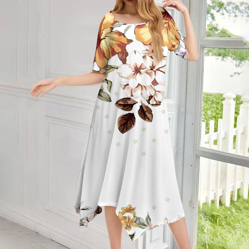 Женское повседневное модное платье миди с круглым вырезом и коротким рукавом с принтом и неровным подолом