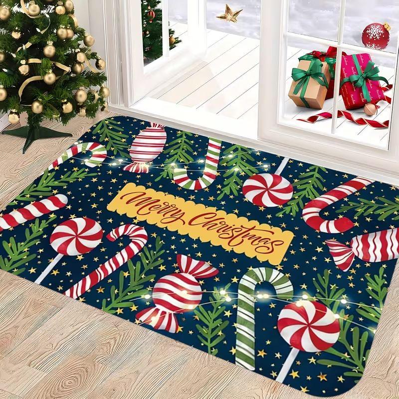 VIKAMA Merry Christmas Candy Cane Doormat Non Slip Soft Washable Holiday Floor Mat For Front Door Entrance Home Decor