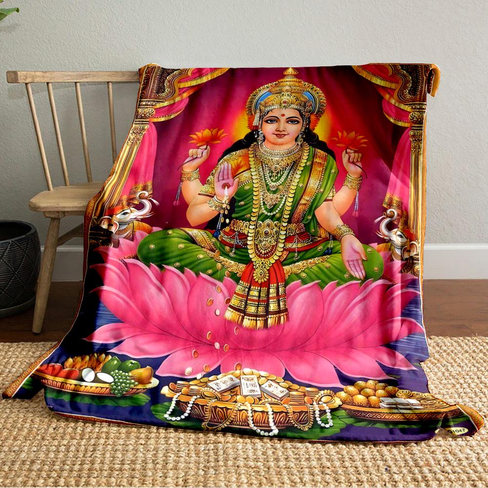 Hindu Goddess Lakshmi on Lotus Blanket PrintFlannel blanket for bedroom, living room, sofa, and nap