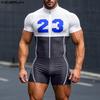 Men Short Sleeve Letter Print Patchwork Fitted Pajamas Jumpsuits Romper Bodysuits