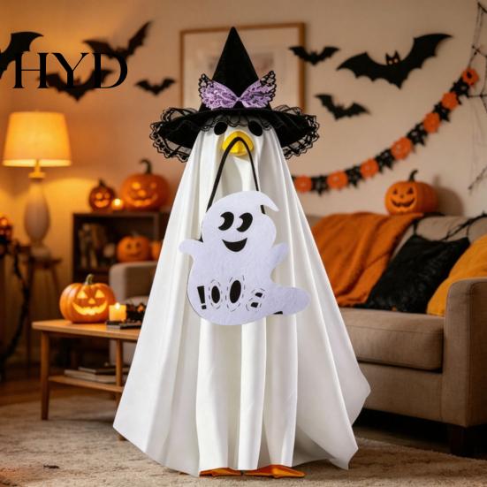 Ghost Pattern Halloween Decor Goose Costume, Wizard Hat, Cape, Pumpkin Candy Reusable Decoration Bag, Outdoor Yard for Statue or Garden Display