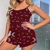 Women Heart-Shaped Moon Print Colour Collision Decoration Pajamas Set Sweet Wind Suspenders Shorts Two Sets of Black