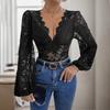 Women's Jumpsuit Tight Sexy Long Sleeve Solid Color V-neck Lace Bodysuit