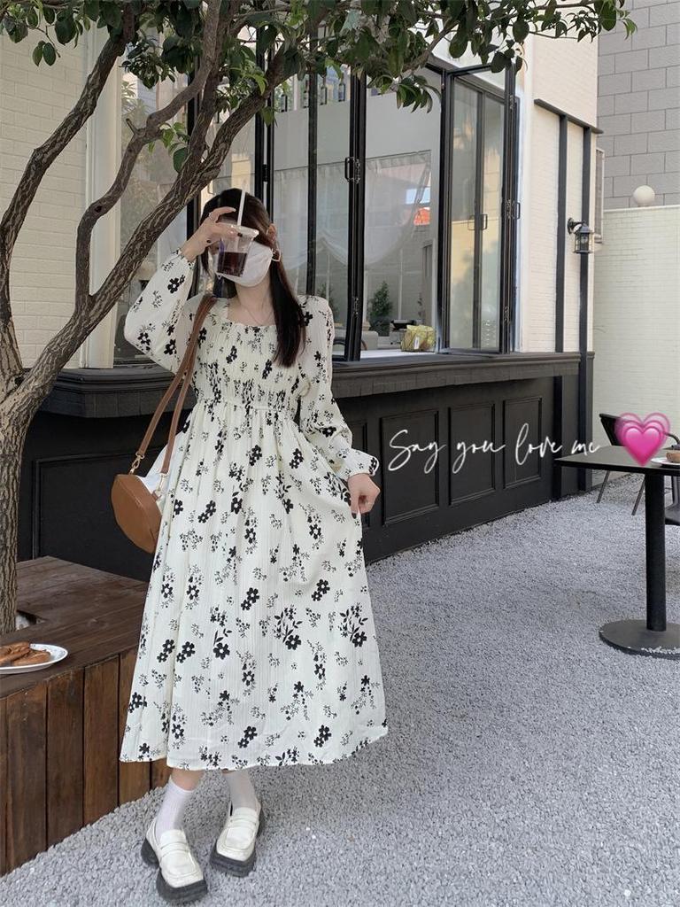 Women's Floral French-Style Slim Long Dress - Autumn/Winter 2022