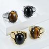 European and American Retro Tiger Eye Titanium Steel Ring Mens Oval Egg Shaped Black Gemstone