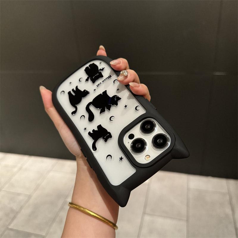 Cartoon Cat Ears Bezel Cute Little Black Cat Acrylic Phone Case for iPhone 15 Pro Max 14 Plus 13 12 Pro 11 All-inclusive Fall Protection Cover