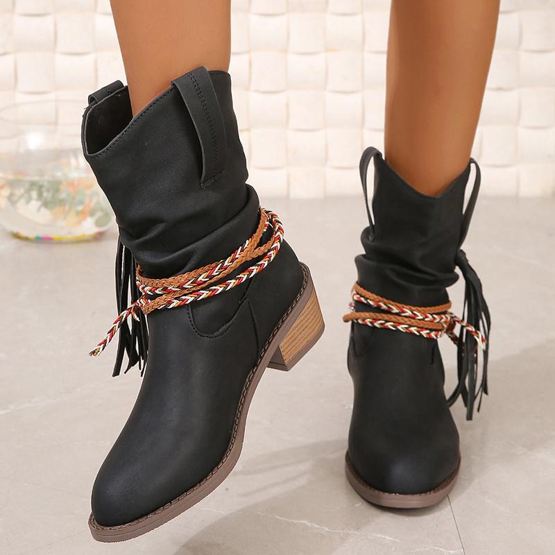 Fashion Pointed Toe Women Snow Ankle Boots Tassels Mid Heels Shoes Leather Chelsea Boots Winter 2024 Trend Chunky Goth Botas De Mujer
