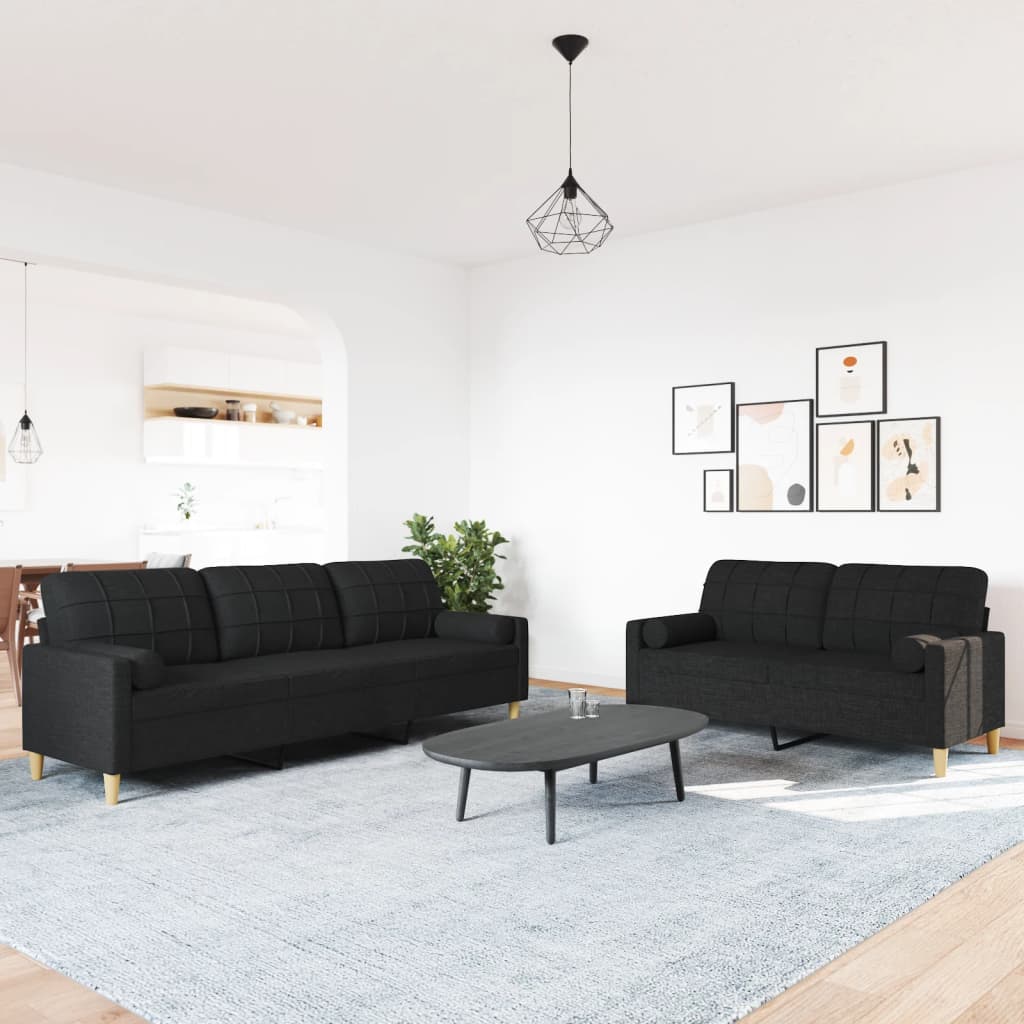 2 Piece Sofa Set with Decorative Cushions Black Fabric