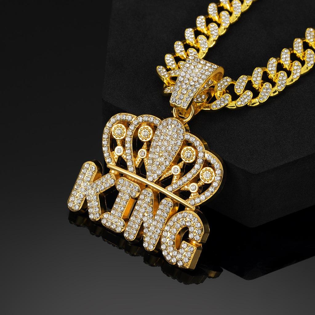 King Cuban Pendant Necklace with Alloy Rhinestone Crown - European & American Hip Hop Jewelry.