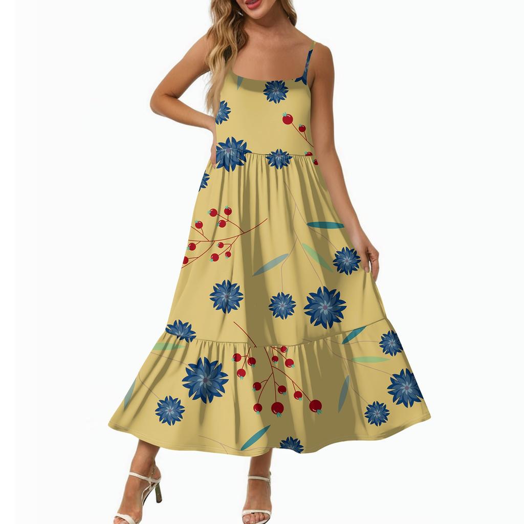 Women's Long Beach Casual Elegant Spaghetti Strap Maxi Dress Floral Low-key Flowing Bohemian Dress