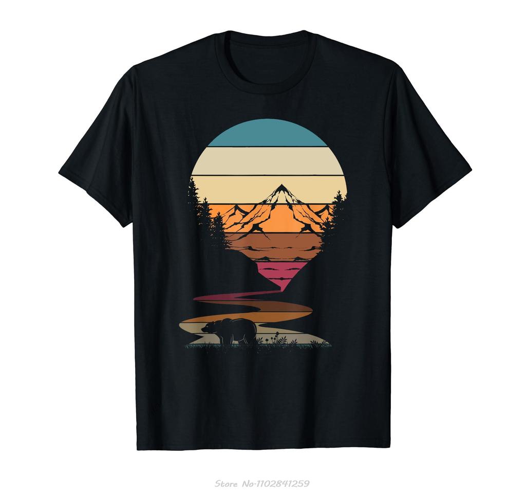 Retro Wildlife Animal Bear Hiking Trees Mountains Forest Tshirt Summer Short Sleeve Men Clothing Fashion Tshirt Oneck T Shirt