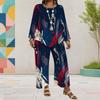 Women Plus Size Round Neck Long Sleeve Printed Top And Wide Leg Pants Two Piece Set