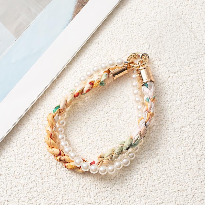 Douyin-Style Pearl Phone Lanyard with Silk Scarf Strap & Pendant