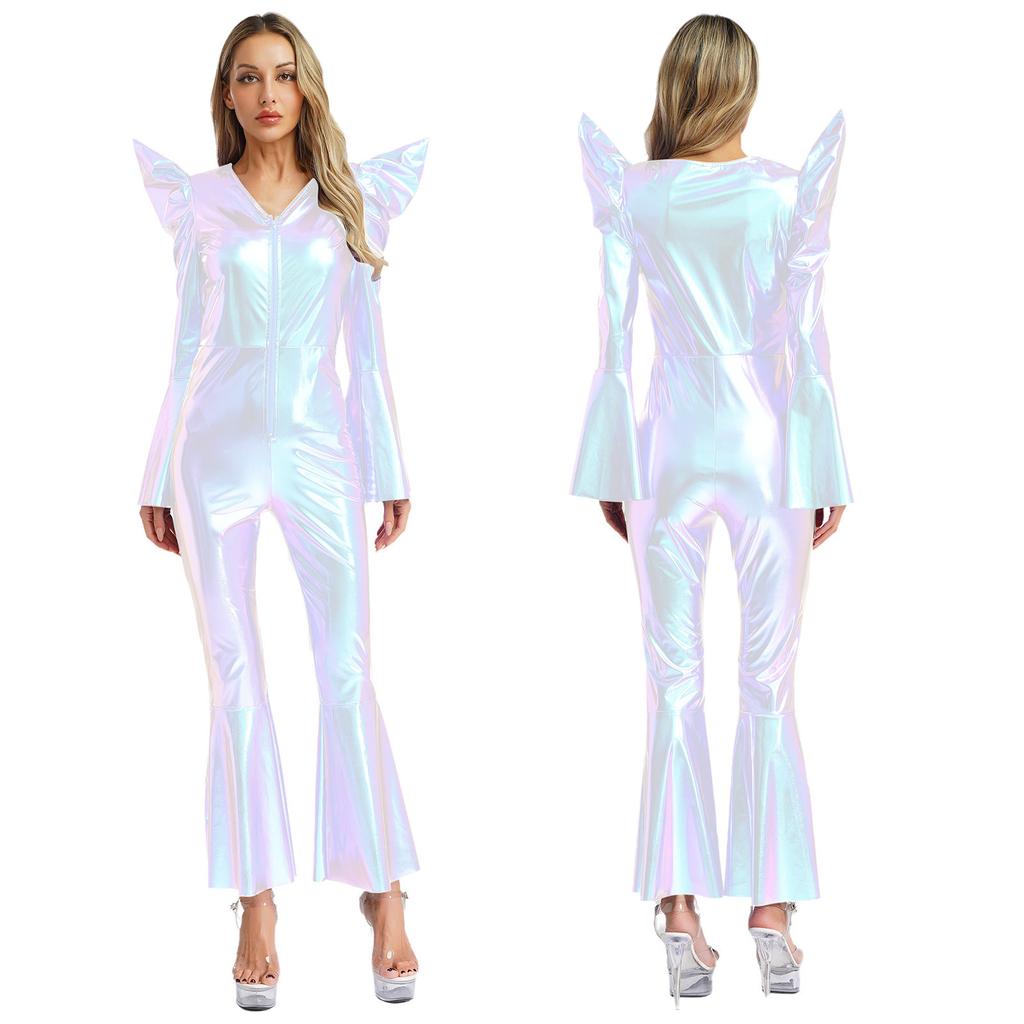 Metallic Shiny Bell Bottom Jumpsuit for Women S-3XL: Disco Style Romper with High Waist & Long Sleeves, Halloween Costume