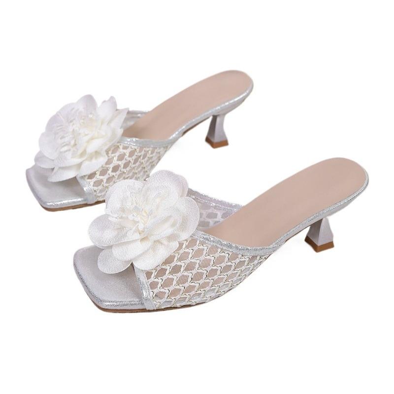 Цветочная сетка Женские туфли на высоком каблуке Шлепанцы Квадратный носок Туфли на каблуке Новые сандалии Дизайнерские 2025 Лето Сексуальные туфли-лодочки Женское платье Zapatillas
